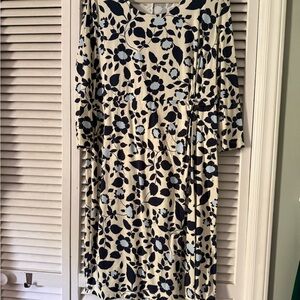 Lands' End Long Sleeve Floral Dress in Cream and Navy